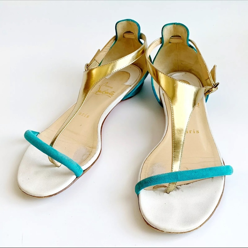 Christian Louboutin ATHENA Gold Turquoise T-Strap flat thong sandals size 36.5